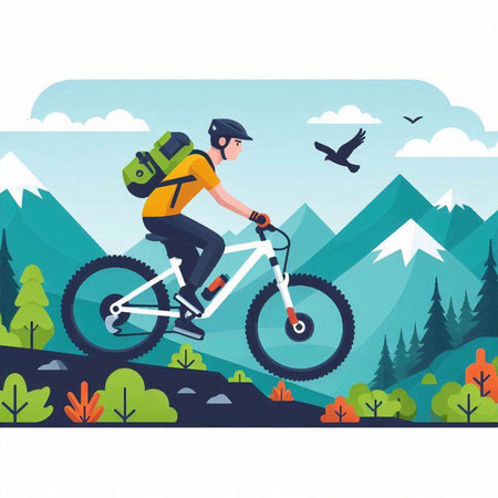 Vector illustration of a mountain biker with a backpack riding a bicycle in the mountains.のイラスト素材