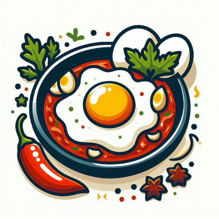 Fried egg in a frying pan with parsley and chili pepper. Vector illustration.のイラスト素材