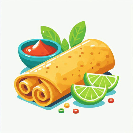 Illustration of rolled pancakes with lime and ketchup on white backgroundのイラスト素材