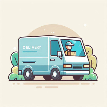 Delivery man in uniform and cap driving a van. Vector illustration.のイラスト素材