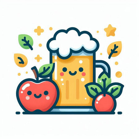 Funny glass of beer with apple and carrot. Vector illustration.のイラスト素材