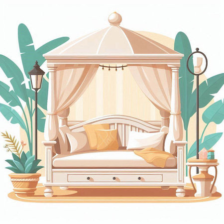 Illustration of a classic bed with pillows and a canopy.のイラスト素材