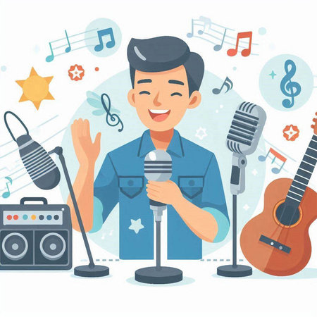 Male singer in blue shirt with microphone. Flat style vector illustration.のイラスト素材