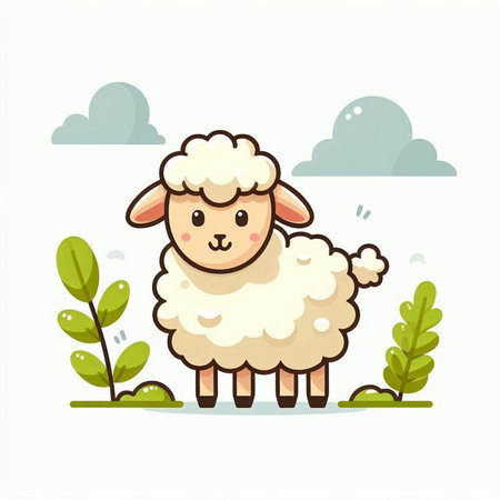 Cute sheep standing in the grass. Vector illustration in cartoon style.のイラスト素材
