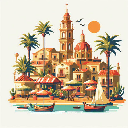 Tropical island with boats, palm trees and houses. Vector illustration.のイラスト素材