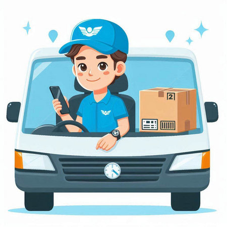 Delivery boy in uniform sitting in van and using mobile phone. Vector illustrationのイラスト素材