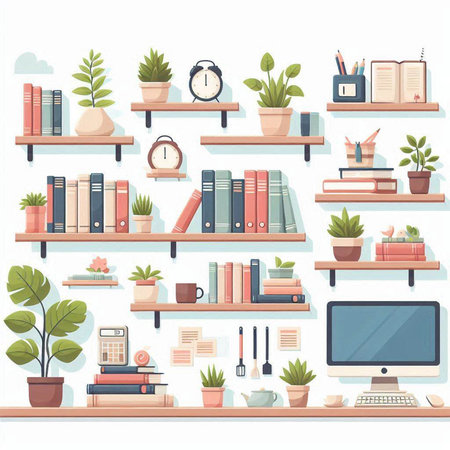 Set of bookshelves with different objects. Vector illustration in flat styleのイラスト素材