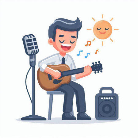 Man singing and playing guitar. Vector illustration in a flat style.のイラスト素材