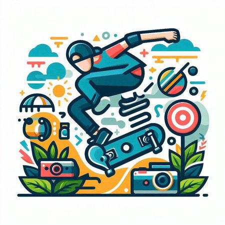 Skateboarder jumping with a skateboard. Vector illustration.のイラスト素材