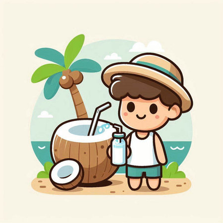 cute boy drinking coconut milk on the beach cartoon vector design illustrationのイラスト素材