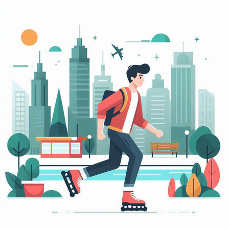 Young man riding on roller skates in the city. Vector illustrationのイラスト素材