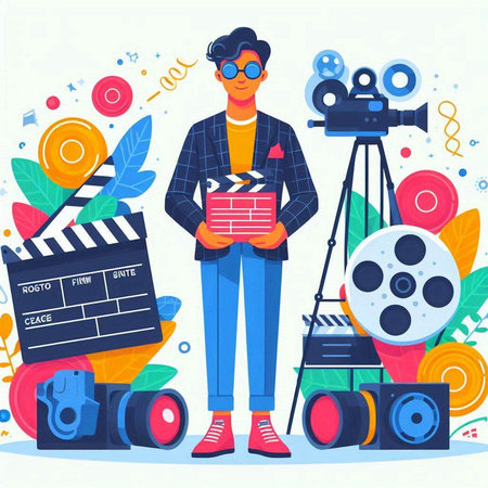 Movie production. Camera, film reel and clapperboard. Vector illustrationのイラスト素材