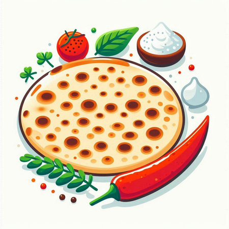 Illustration of a hot pizza with ingredients on a white background.のイラスト素材