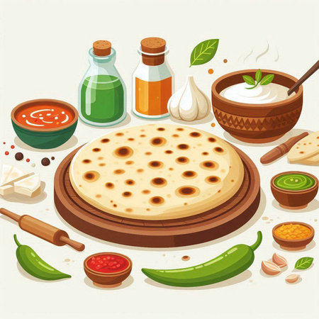 Illustration of a set of traditional indian food on a white backgroundのイラスト素材