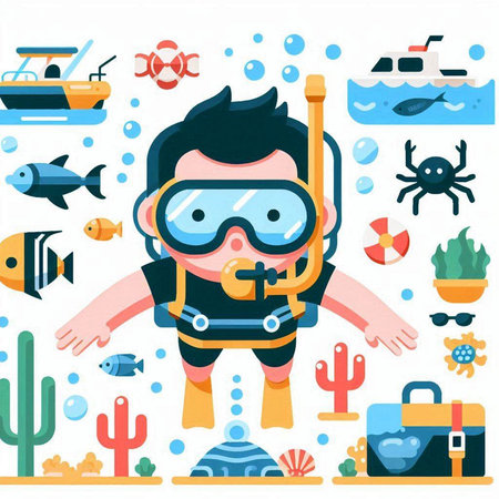 Cute boy with scuba diving equipment. Flat style vector illustration.のイラスト素材