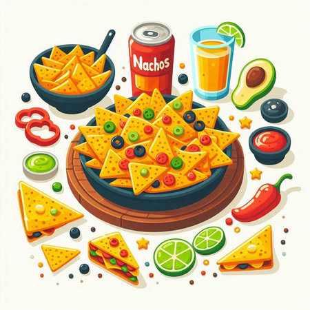 Nachos, guacamole, cheese, olives, tomato, pepper, lime, onion, cheese, vector illustration.のイラスト素材