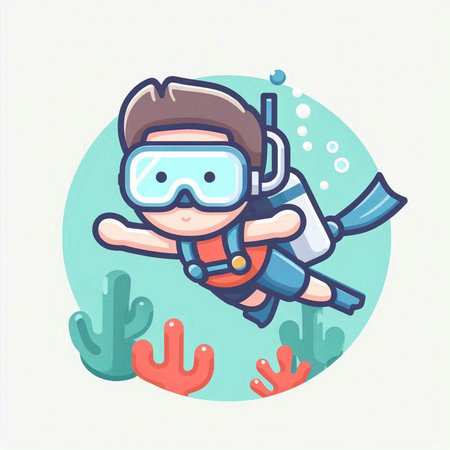 Cute boy scuba diving vector illustration in flat cartoon style.のイラスト素材