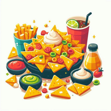 Vector illustration of nachos with sauces, cheese and guacamoleのイラスト素材