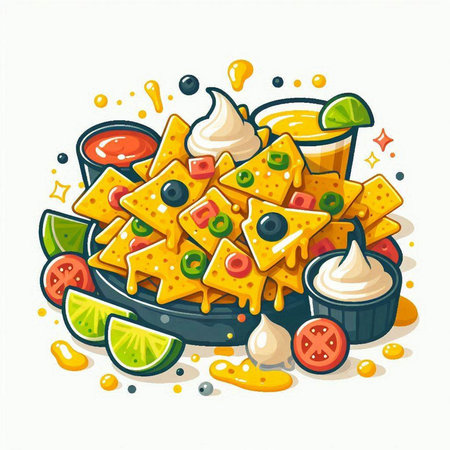 Mexican nachos with guacamole sauce and ingredients. Vector illustration.のイラスト素材