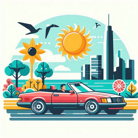 Retro car in the city. Vector illustration in flat style.のイラスト素材