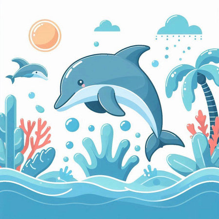 Dolphin swimming in the sea. Cute cartoon vector illustration.のイラスト素材