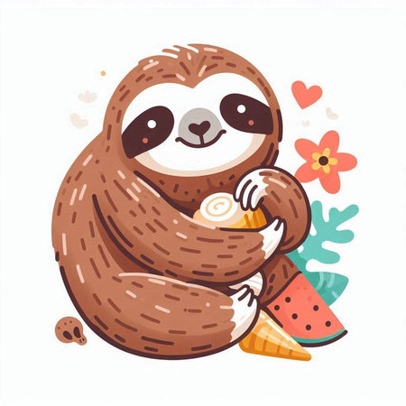 Cute cartoon sloth with ice cream and watermelon. Vector illustration.のイラスト素材