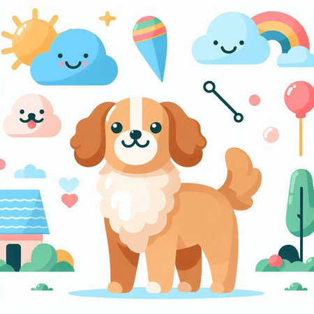 Cute cartoon dog with different icons. Vector illustration in flat styleのイラスト素材