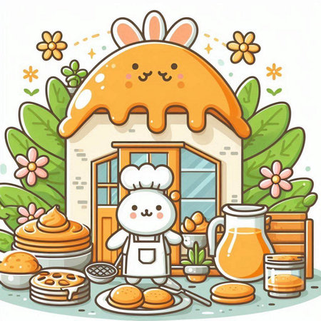 Cute kawaii bunny cooking in the kitchen. Vector illustration.のイラスト素材