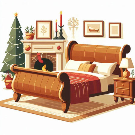 Vector illustration of a cozy bedroom with a fireplace, Christmas tree and a bedのイラスト素材