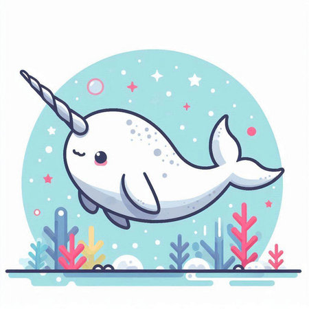 Cute cartoon narwhal in the ocean. Vector illustration.のイラスト素材