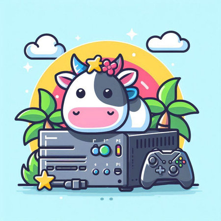 Cute cartoon cow playing video game on the console. Vector illustration.のイラスト素材