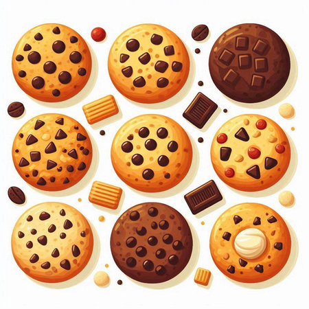 Chocolate chip cookies with chocolate chips and candies. Vector illustration.のイラスト素材