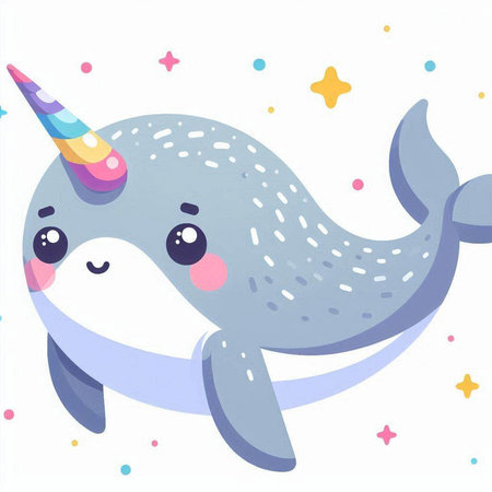 Cute cartoon narwhal with unicorn horn. Vector illustration.のイラスト素材