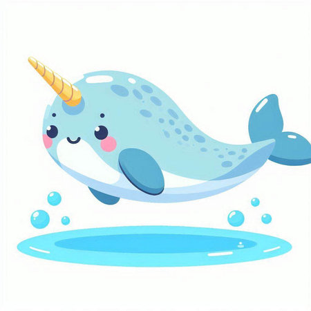 Cute cartoon narwhal swimming in water. Vector illustration.のイラスト素材