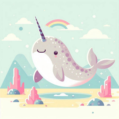 Cute cartoon narwhal in the sea. Vector illustration.のイラスト素材
