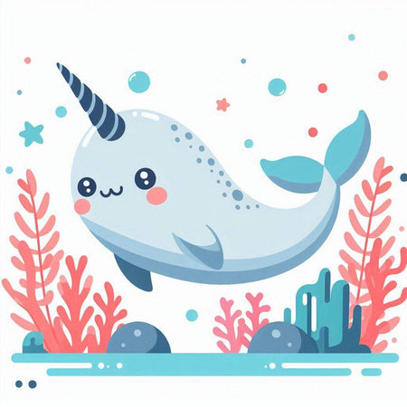 Cute cartoon narwhal in the sea. Vector illustration.のイラスト素材