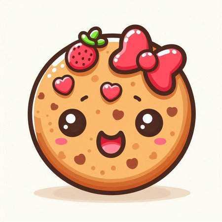 Cute chocolate chip cookie with strawberry in cartoon style. Vector illustration.のイラスト素材