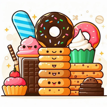 Illustration of Cute Donuts and Sweets with Cupcakeのイラスト素材
