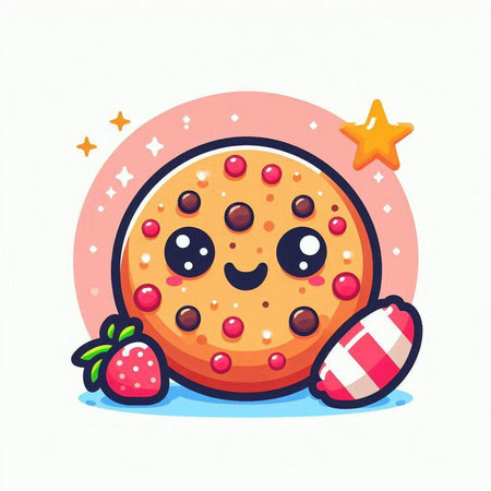 Cute oatmeal cookie with chocolate and strawberry. Vector illustration.のイラスト素材