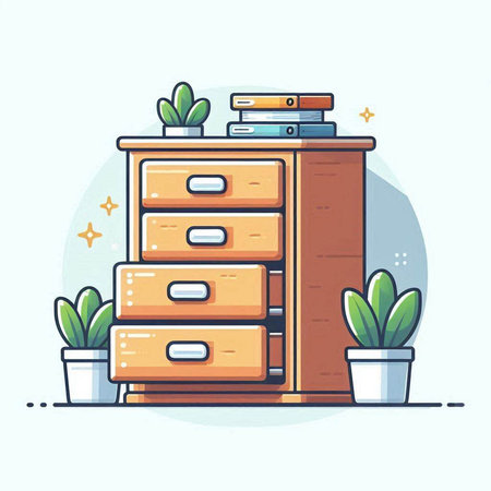 Wooden cabinet with books and plants. Vector illustration in cartoon styleのイラスト素材