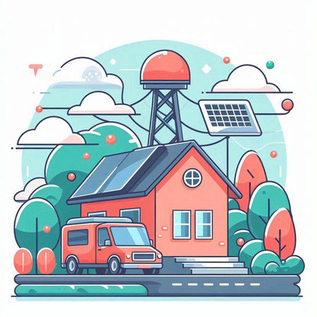 House with solar panels. Vector illustration in cartoon style. Flat design.のイラスト素材