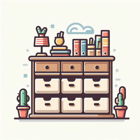 Cabinet with books and decorations. Vector illustration in flat styleのイラスト素材