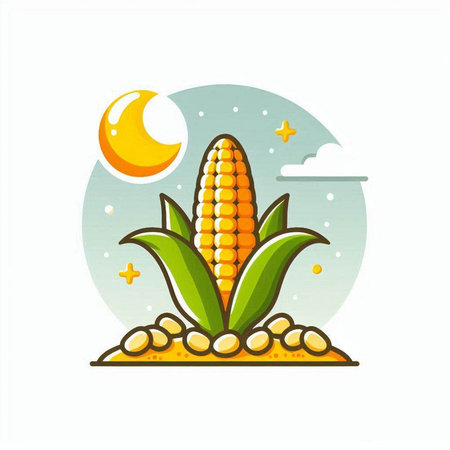 corn on the cob with the moon in the background, vector illustrationのイラスト素材