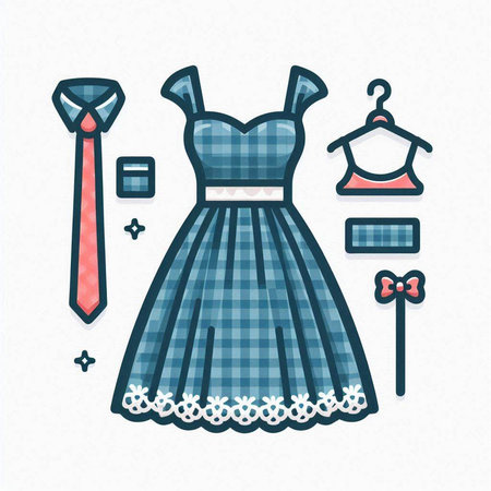 Vector illustration of a dress, tie, hanger and accessories.のイラスト素材