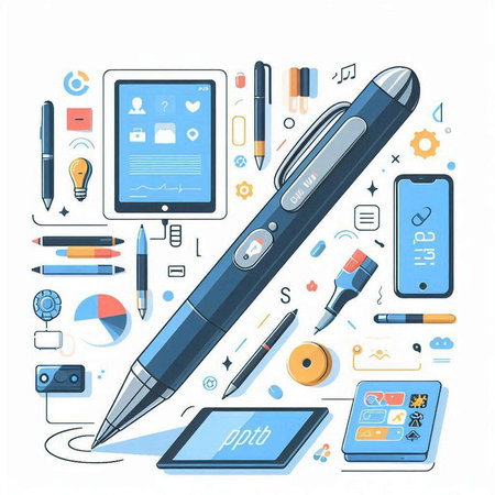 Vector illustration of pen, tablet, mobile phone, tablet, pencil, eraser and other office supplies.のイラスト素材