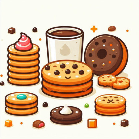 Cup of coffee with cookies and candies, vector illustration.のイラスト素材