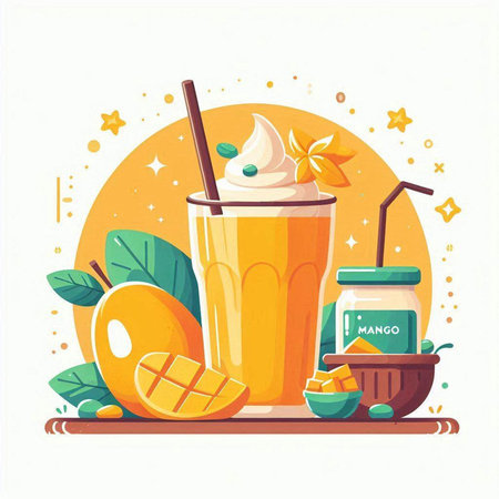 Mango smoothie and ingredients on the table. Vector illustration.のイラスト素材