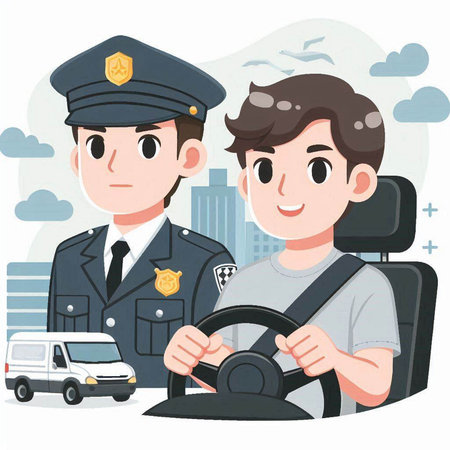 Policeman and driver in the city. Vector illustration in cartoon style.のイラスト素材