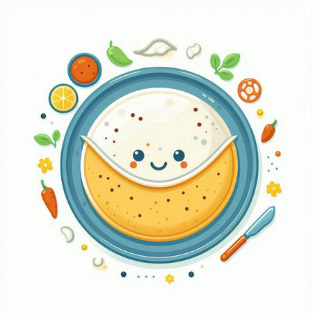 Illustration of a cute smiling omelet with vegetables on the plateのイラスト素材