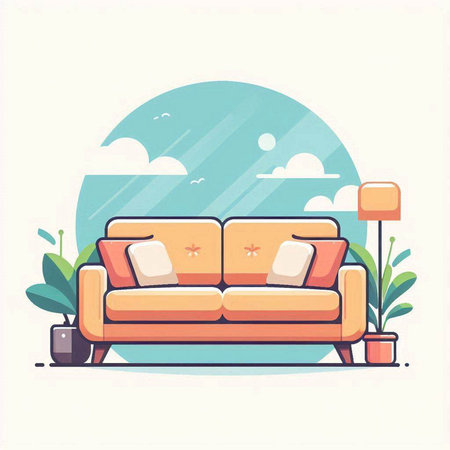 Sofa flat color vector illustration. Interior design. Living room with sofa, lamp, plant, window and cloudscapeのイラスト素材